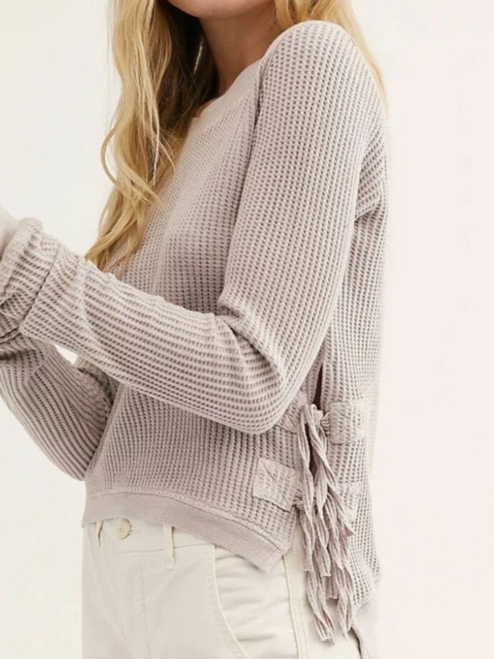 Free People One Waffle Knit Crochet Cropped Sweater In Lilac 100% Cotton Size S